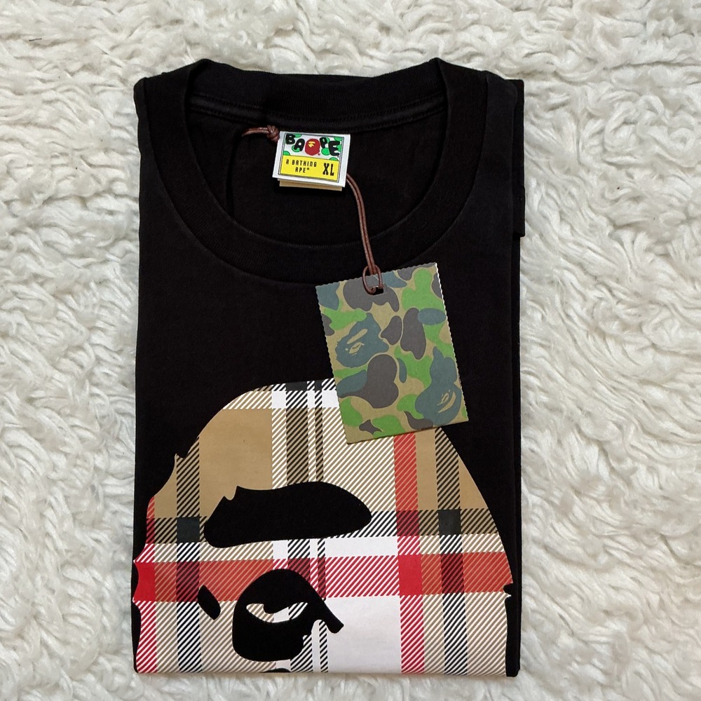 A Bathing Ape T-Shirt Mens XL Black New Plaid Ape Head Graphic 1G30113044